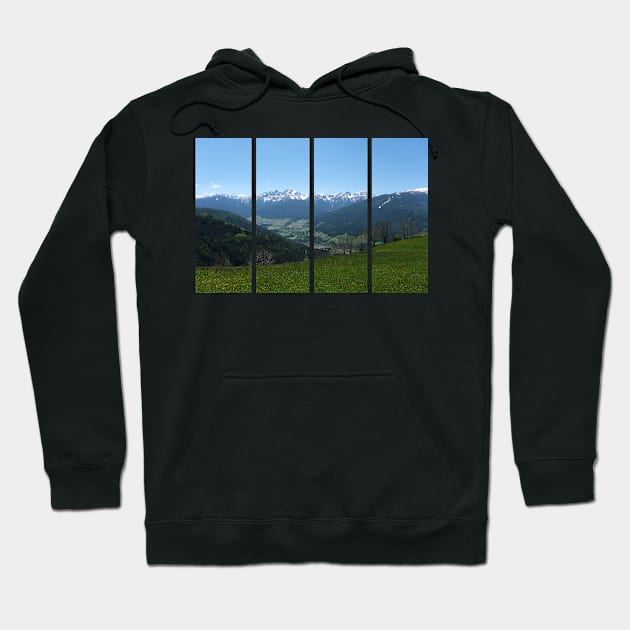 A great view of the Dolomites from a hill over the valley in South Tyrol. Lovely and relaxing place in the Italian Alps. Flowering fields and snowed mountains.. Sunny spring day. Hoodie by fabbroni-art